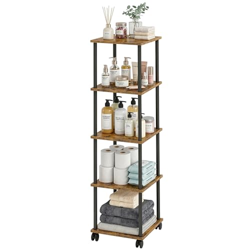 5-Tier 50.4" Tall Rustic Brown Bathroom Shelving Unit with Wheels | Wood Finish, Metal Frame, Rolling Narrow Open Shelf Design, for Laundry Room, Kitchen, Living Spaces, Easy to Move - color: Rustic Brown, size: 5-Tier