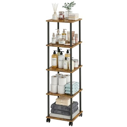 5-Tier 50.4" Tall Rustic Brown Bathroom Shelving Unit with Wheels | Wood Finish, Metal Frame, Rolling Narrow Open Shelf Design, for Laundry Room, Kitchen, Living Spaces, Easy to Move - color: Rustic Brown, size: 5-Tier
