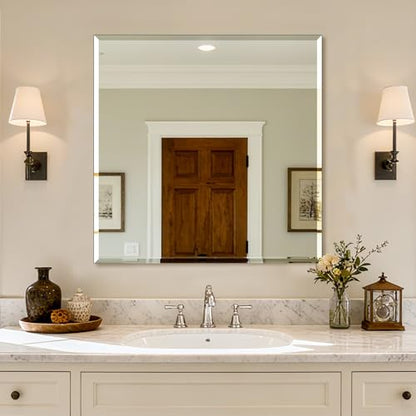 Ruomeng Frameless Mirror for Wall, 30x30 Inch Bathroom Vanity Mirror Farmhouse, Rectangle Mirror with Beveled Edge, Tempered Glass, Hangs Horizontally or Vertically - size: 30"L x 30"W