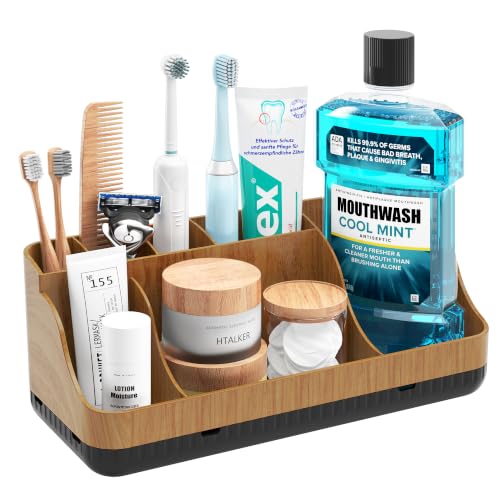 Bathroom Counter Organizer and Storage with 2 Pack Qtip Holder Dispenser, 7 Slots Detachable Toothbrush Holders for Bathrooms, Anti-Slip Electric Toothbrush and Toothpaste Holder Countertop - color: Wood