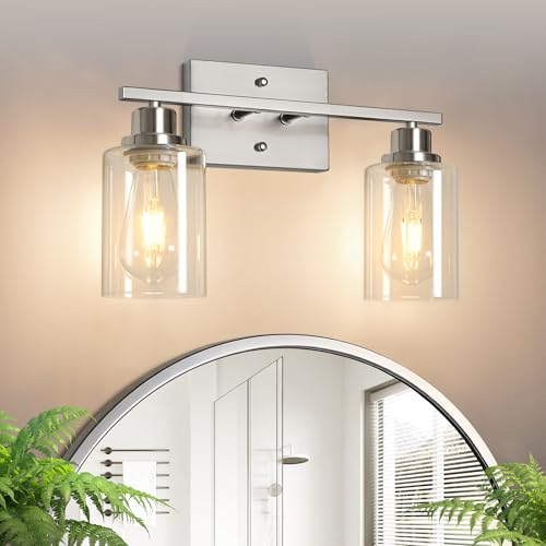 Ascher Bathroom Light Fixtures, 2-Light Vanity Light Over Mirror, Brushed Nickel Wall Sconces with Clear Glass Shades, Wall Lamp for Living Room Bedroom, E26 Base(Bulbs Not Included) - color: Brushed Nickel & Clear Glass, size: 2-Light