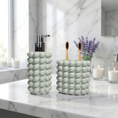 Better Trends 2-Piece Bathroom Accessory Set 400mL Refillable Soap Dispenser with Rustproof Pump 2-Slot Toothbrush for Vanity, Sink & Countertop Organization Dark Sage Nova Collection - color: Dark Sage
