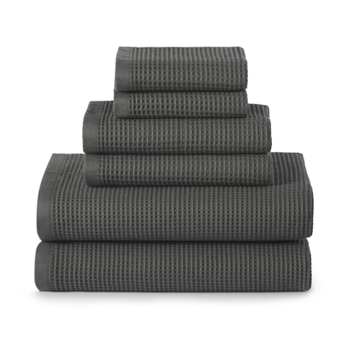 ecolook 6-Piece Waffle Towel Set, 100% Cotton Lightweight - Dark Gray | Absorbent & Quick-Drying, 2 Bath Towels (31×63 in), 2 Hand Towels, 2 Washcloths, Lint-Free for Bathroom, Pool, Gym, Travel - color: Dark Gray
