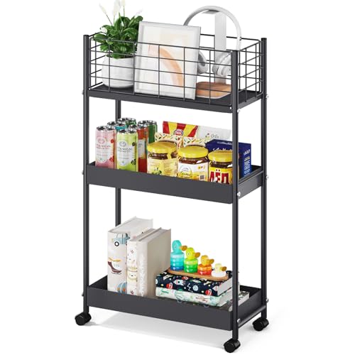 KINGRACK Slim Rolling Storage Cart 3 Tier - Heavy Duty Metal Utility Cart with Raised Edge & Wheels, Narrow Small Mobile Organizer Shelves for Bathroom, Kitchen, Laundry, Office, Living Room, Black - color: Black, size: 3-Tier