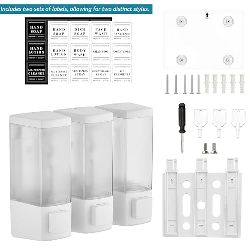 Shampoo and Conditioner Dispenser for Shower, 3 Chamber, White | Wall Mounted, No Drill, 3×16.9oz, ABS Plastic Material, Refillable With Labels, For Bathroom Hotel - color: Dm35-white