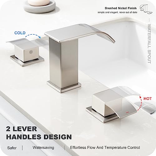GAGALIFE 8 Inch Waterfall Bathroom Faucets 3 Hole - Brushed Nickel Widespread Bathroom Faucet with Pop-up Drain, Two Handles Bathroom Sink Faucet, Modern Vanity Sink faucets with Supply Lines - color: Brushed Nickel, style: With Drain