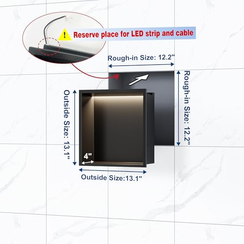 Qeke 12" X 12" Stainless Steel Shower Niche w/ 3 CCT Dimmable Light, Black | No Tile Needed Wall Niche, Recessed Niche w/ Light(3000K/4000K/6000K), IP66 Waterproof, Space Saving & Durable - color: Matte Black, size: 12" X 12"