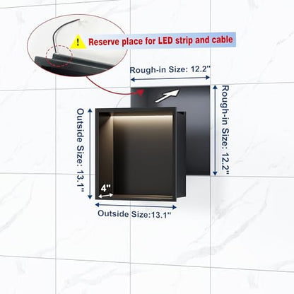 Qeke 12" X 12" Stainless Steel Shower Niche w/ 3 CCT Dimmable Light, Black | No Tile Needed Wall Niche, Recessed Niche w/ Light(3000K/4000K/6000K), IP66 Waterproof, Space Saving & Durable - color: Matte Black, size: 12" X 12"