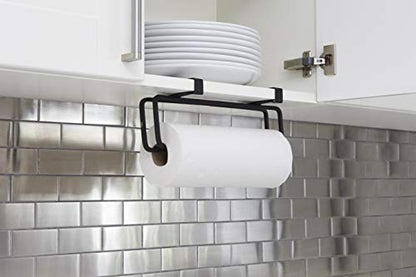 Umbra Squire Paper Towel Holder, Under Cabinet Wall Mount Steel, Black | Bent metal, space saving compact size, hangs over door or shelf, low waste finish, fits kitchen or bath