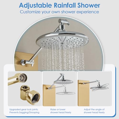 ROVOGO Gold Shower Panel Tower System, 4 Shower Modes Simultaneous Function | Rain Shower Head, Handheld, Body Jets, Tub Spout, Height Adjustable Shower Arm, Stainless Shower Column W/ Brass Valve, 43.3" - color: Gold-Adjustable Rain Head