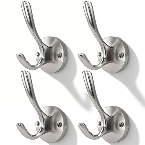 Coat Hooks for Hanging Coat Hooks for Wall Mounted Brass Wall Hooks Heavy Duty Brushed Robe Closet Hooks for Hanging Coats Entryway Metal Towel Hooks for Bathrooms (1, Silver)