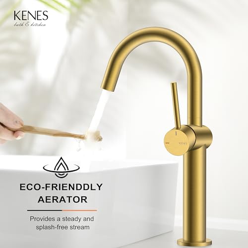 Brushed Gold Tall Bathroom Faucet, Single Handle Vessel Sink Faucet | Vessel Bowl Faucet with Pop Up Drain & Supply Lines, Lead-Free cUPC & NSF Certified, 1 Hole Faucet for Vanity RV Restroom - color: Brushed Gold, size: Tall