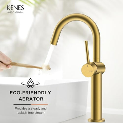 Brushed Gold Tall Bathroom Faucet, Single Handle Vessel Sink Faucet | Vessel Bowl Faucet with Pop Up Drain & Supply Lines, Lead-Free cUPC & NSF Certified, 1 Hole Faucet for Vanity RV Restroom - color: Brushed Gold, size: Tall