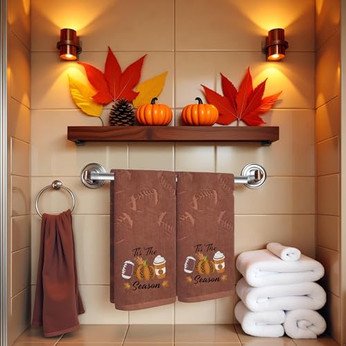 2 Pack Fall Hand Towel Jacquard Embroidered Cotton Kitchen Towels Farmhours Thankful Bath Towels Set Thanksgiving Bathroom Decor (Brown Football, 2*Hand Towel) - color: Brown Football