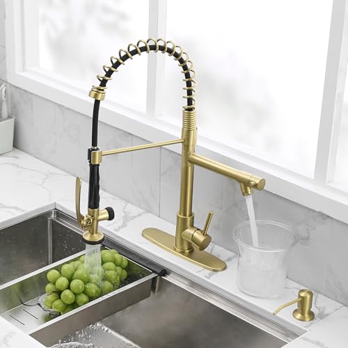 Fapully Commercial Kitchen Sink Faucet with Pull Down Sprayer Brushed Gold | Single Handle Faucets for Kitchen Sink, Kitchen Faucet with Soap Dispenser and Deck Plack for 4 Holes, 1.8GPM Water Flow - color: Brushed Gold, style: Contemporary