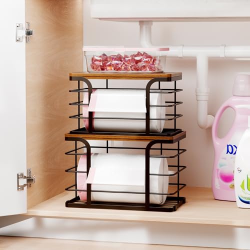 2 Pack Storage Stackable Kitchen Laundry Pantry Organizers,Wall Mount Trash Bag Holder Dispenser with Bamboo Top Countertop Organizer,Brown - color: 2 Pack-L&S Brown