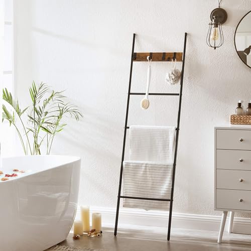 VASAGLE Blanket Ladder, 5-Tier Ladder Shelf, Decorative Ladder with 4 Removable Hooks, Metal Frame, Industrial Style, Rustic Brown and Black ULLS016B01