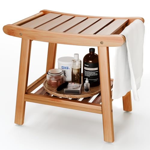 Bamboo Shower Stool Bench,Shower Chair for Inside Shower with Storage Shelf | Natural Bamboo,Large Storage,Ergonomic Curved Design,A-Shaped Stable Construction,Non-Slip Rubber Feet,Hold 300lbs - color: Natural Bamboo