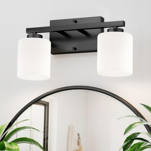 Honesorn Bathroom Light Fixtures Black, 2-Light Vanity Lights Over Mirror | Modern Bathroom Vanity Light with Milky White Frosted Shades, Wall Mounted Bathroom Lights, E26 Socket (Bulbs Not Included) - color: Matte Black, size: 2-Light
