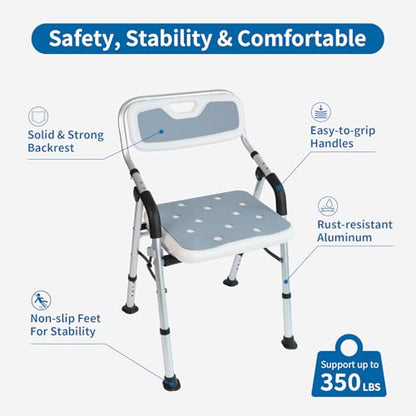 Shower Chair for Elderly & Disabled, Folding Shower Chair Seat with Arm and Back, Inside Shower Chair, Foldable Bathroom Chairs for Sitting, Portable for Travel - Collapsible, Compact & Comfortable