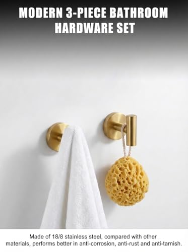 Bathroom Hardware Set Brushed Gold | Toilet Paper Holder, Double Robe Hook, Wall Mounted, Stainless Steel - color: Lasijin