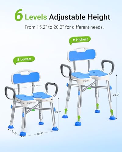 FULLOT H-Shaped Shower Chair for Easy Cleaning, Stable X-Bracing, 500 lbs | Heavy Duty Adjustable Shower Stool with Padded Back & Arms for Elderly & Disabled, Non-Slip Feet, Thicker Legs, Tool-Free