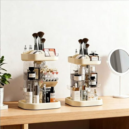 360 Spinning Rotating Makeup Organizer for Vanity with Adjustable Trays Lipstick Earring Storage Makeup Desk Storage Carousel Rack, Cosmetic Display Cases for Dresser Bathroom Holder (Cream)