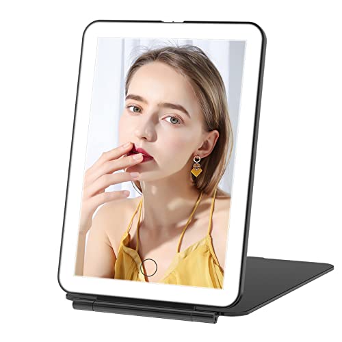 FUNTOUCH Rechargeable Travel Makeup Mirror with 72 Led Lights Portable | Lighted Beauty Mirror, 3 Color Lighting, Dimmable Touch Screen, Tabletop LED Folding Cosmetic Vanity Mirror - color: Black