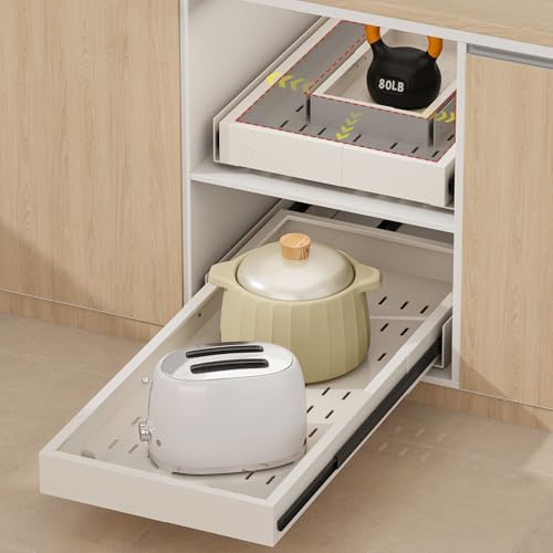 Pull out Cabinet Organizer,Width (11"-17") and Depth (25"-32") Expandable With 3 Rails,No Drill Adjustable Slide out Drawers for Kitchen,Pantry,Adhesive Roll out Shelves,for Cabinets Without Lip,White - color: White, size: (11"W-17"W)X(25"D-32"D)