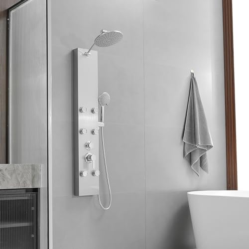 Rainfall Shower Tower Shower Panel System, Round Head,Stainless Steel with 6 Body Jets Massage, 3 IN 1 Bathroom Shower Wall Mount, Brushed Nickel and Chrome - color: Brushed Nickel with Chrome