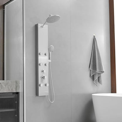 Rainfall Shower Tower Shower Panel System, Round Head,Stainless Steel with 6 Body Jets Massage, 3 IN 1 Bathroom Shower Wall Mount, Brushed Nickel and Chrome - color: Brushed Nickel with Chrome