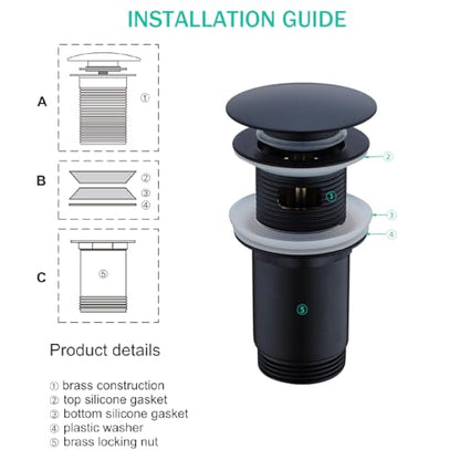 All Metal Bathroom Sink Drain,Pop-up Drain with Detachable Basket Stopper,Anti-Clogging Drain Strainer,Hair Catcher,for Vanity Vessel Sink with Overflow,SE83997PB-1MB - color: Matte Black(with Overflow)