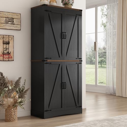Hlivelood 71" Tall Kitchen Pantry,Farmhouse Storage Cabinet with Adjustable Shelves,Load-Bearing Steel Pipe,Farmhouse Pantry Cabinet with 4 Barn Doors,for Kitchen,Dining Room,Living Room(Black) - color: Black