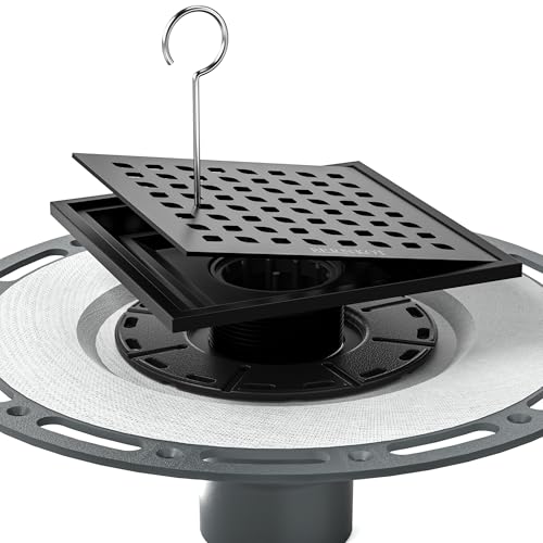 Square Shower Drain w/PVC Bonding Flange Base, 6" Matte Black | 304 Stainless Steel Drain w/ Drain Key for Low Profile Shower Tiles, CUPC Certified - color: Black6"