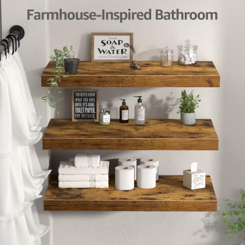QEEIG 12" Deep Floating Shelves for Wall - 12 x 24 inch Book Shelf Bathroom Bedroom Kitchen Living Room Hanging Bookshelf Farmhouse Set of 3, Brown (026-60BN3) - color: A. Brown, size: 23.6" x 12"