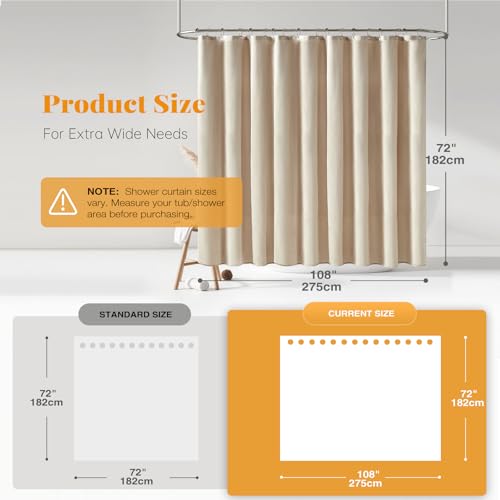 108x72 Linen Textured Waterproof Cloth Shower Curtain Set, Beige/Cream | Extra Wide Size, 230GSM Polyester, Heavy Duty Fabric, Weighted Hem, 18 Plastic Hooks, Modern Hotel Style, Machine Washable - color: A - Cream, size: 108"W x 72"L (Pack of 1)