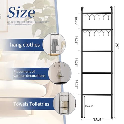 Simple Trending Blanket Ladder, 5 Tier Metal Towel Rack with 12 Hooks, 79'' Metal Style Decorative Ladder for Living Room Bedroom Bathroom Home Decor, Black
