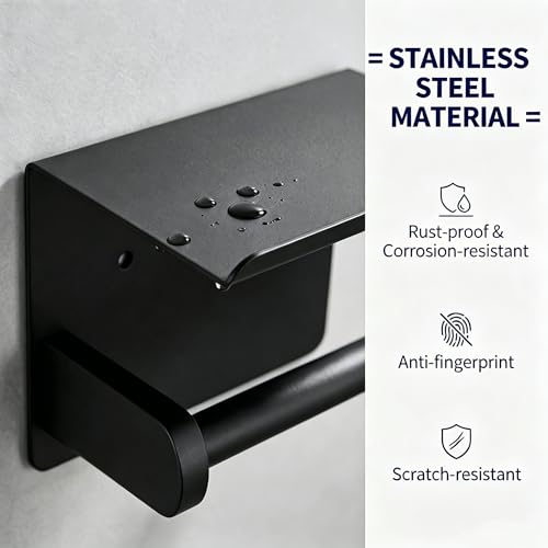 Toilet Paper Holder Wall Mounted with Phone Stand for Tissue Rolls | 2-in-1 Adhesive/Drill Mount Stainless Steel Bathroom Tissue Paper Dispenser, High Load Capacity, Easy Install
