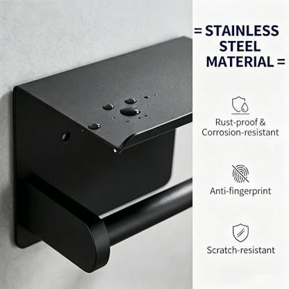 Toilet Paper Holder Wall Mounted with Phone Stand for Tissue Rolls | 2-in-1 Adhesive/Drill Mount Stainless Steel Bathroom Tissue Paper Dispenser, High Load Capacity, Easy Install