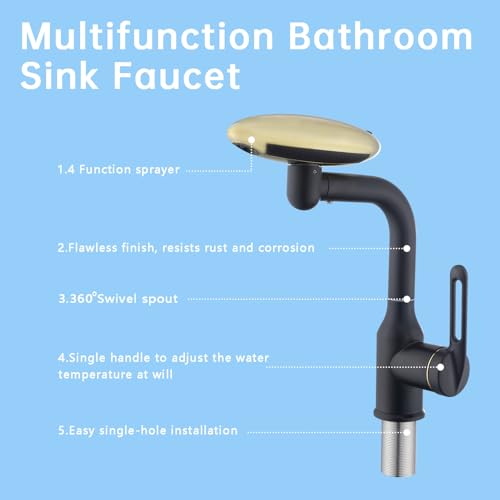 Single Hole Rotatable Bathroom Sink Faucet Black and Gold - 4 Water Modes Multifunctional Faucet with 360° Swivel, Extended Spout & Fountain Mode - color: Black and Gold