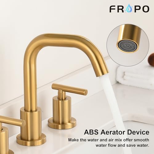 Brushed Gold Bathroom Faucet for Sink 3 Hole, 8 inch Widespread Bathroom Faucets | Brass Gold Vanity Faucets with 360° Swivel Spout 2 Handle Gold Sink Faucet with Drain & Supply Hoses - color: Brushed Gold