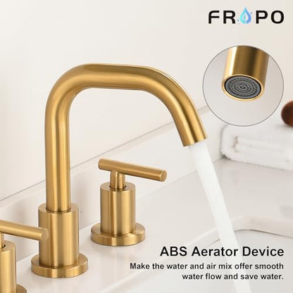 Brushed Gold Bathroom Faucet for Sink 3 Hole, 8 inch Widespread Bathroom Faucets | Brass Gold Vanity Faucets with 360° Swivel Spout 2 Handle Gold Sink Faucet with Drain & Supply Hoses - color: Brushed Gold