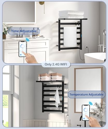 Towel Warmer Rack with WiFi, 6 Bars Large Heated Towel Racks, Black | WiFi App Remote, Foldable Space-Saving Bracket, Child Lock, 5 Temp Levels, 1–24H Timer, LED Display, Stainless Steel, Plug-in - color: Matte Black