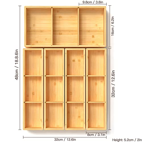 DUJEN 5 pieces Bamboo Drawer Organizer, Adjustable 3 Individual Junk Drawer organizer for Bathroom and Kitchen, Wood Drawer Organier Boxes for Jewellery, Make up and Tea Bag - size: 1 piece 12.5X6.2 & 4 pieces 12.5X3.1