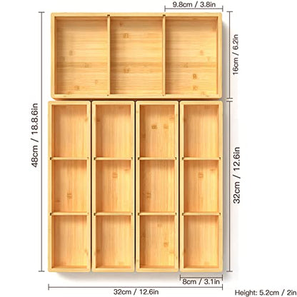 DUJEN 5 pieces Bamboo Drawer Organizer, Adjustable 3 Individual Junk Drawer organizer for Bathroom and Kitchen, Wood Drawer Organier Boxes for Jewellery, Make up and Tea Bag - size: 1 piece 12.5X6.2 & 4 pieces 12.5X3.1