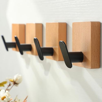DELITON Towel Hooks Wall Mounted - Adhesive Bathroom Coat Hooks for Hanging Robes Clothes Light Brown, Black Solid Wood Beech Wall Hook 4 Packs - color: Light Brown
