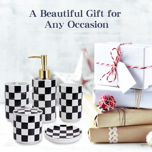 Ceramic Bathroom Soap Dispenser Set, Black and White Checkered Bathroom Vanity Set with Lotion Pump, Toothbrush Holder, Soap Dish & Storage Jar, Modern Bathroom Sink Accessories - style: Black