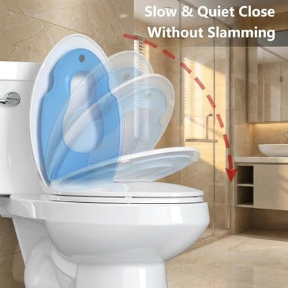 19" Elongated Blue Potty Training Toilet Seat with Built-In Toddler Function, Stable No-Wiggle Design for Child and Adult, Easy Install with Detachable Seat - color: Blue, with Toddler Seat, size: Elongated (19″)