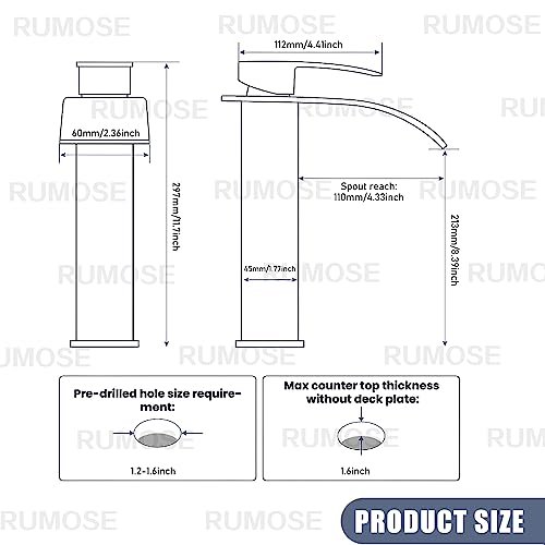RUMOSE Tall Bathroom Faucet Vessel Sink Faucet with Drain, Matte Black | Modern Single Handle One Hole Bathroom Faucet Waterfall Rv Lavatory Vanity Faucet Mixer Tap, Pop Up Drain, Stainless Steel - color: Matte Black