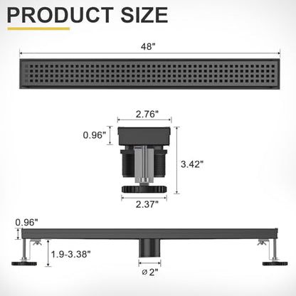 Linear Shower Drain - 48 Inch Matte Black, with Grate Removable | AISI 304 Stainless Steel Shower Drain with Adjustable Feet, Hair Catcher, Rectangle Shower Floor Drain Fits Bathroom, Balcony - color: Matte Black, size: 48 Inch